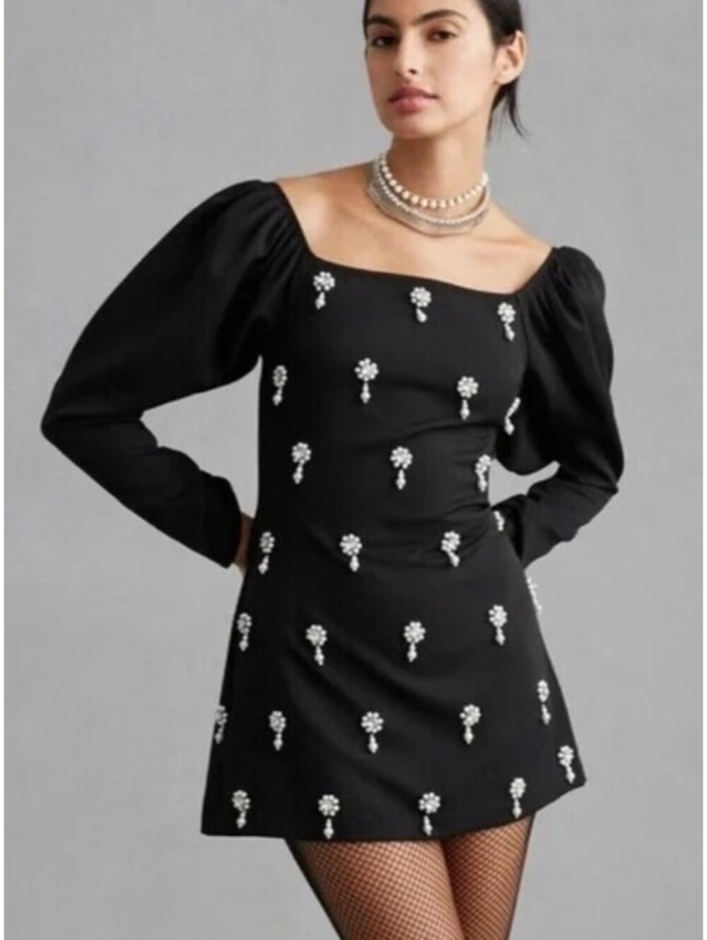 ANTHROPOLOGIE Not So Serious black pearl beaded mini dress sz 16